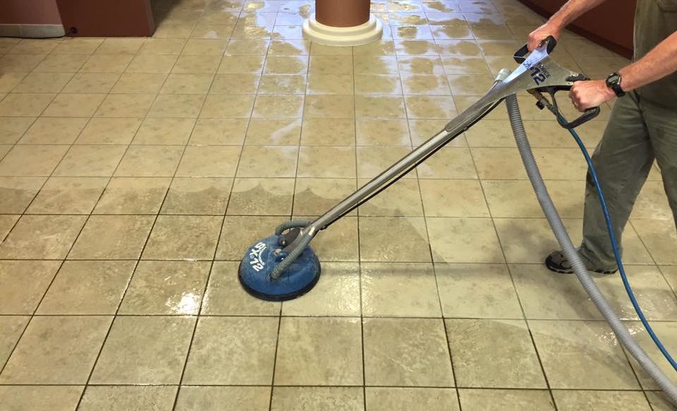 tile and grout cleaning in progress